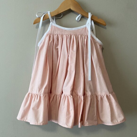 Handmade Children's Pink White 100% Cotton Tie Spaghetti Strap Dress - Picture 2 of 14